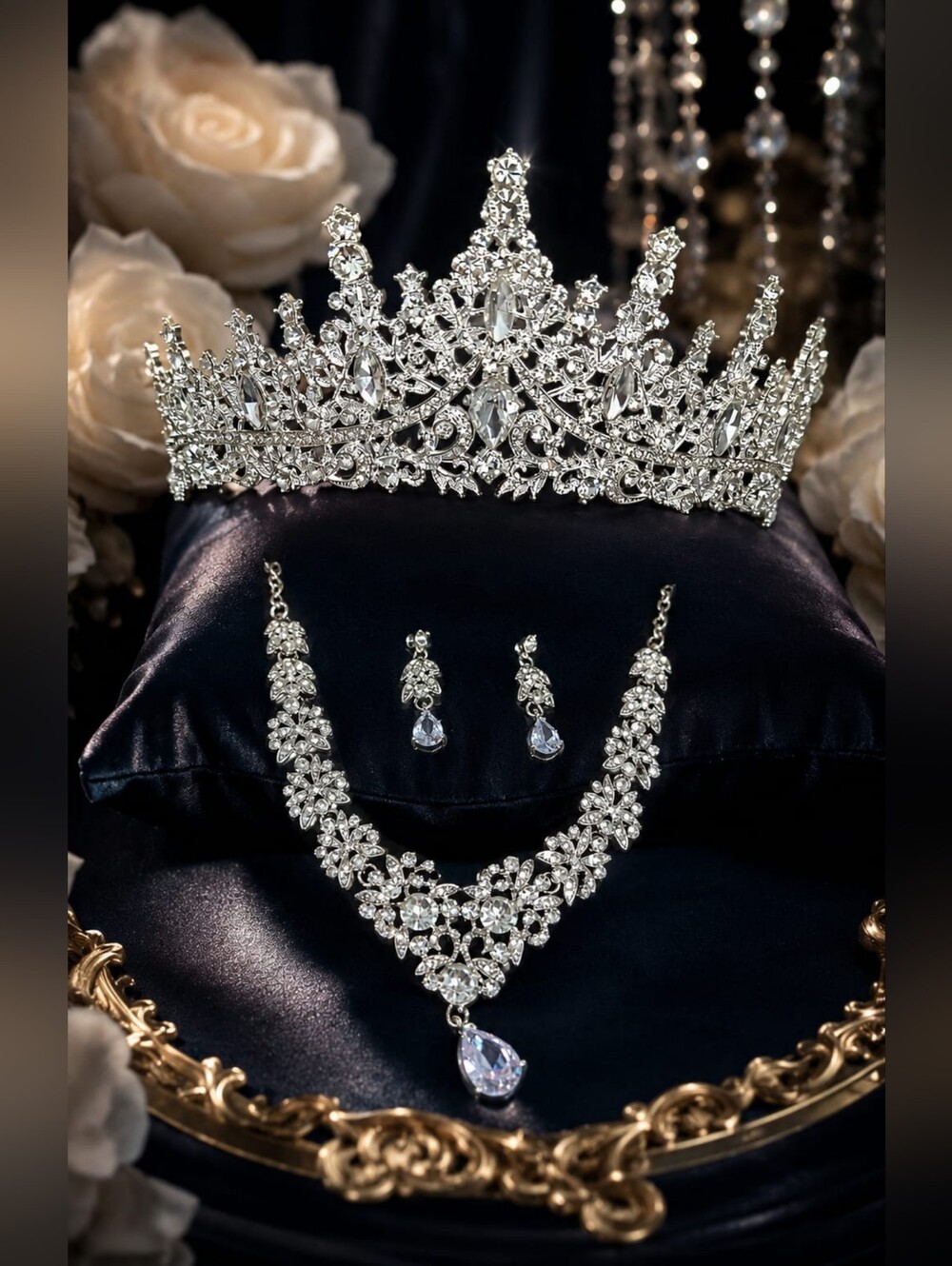 Luxury Bridal Jewelry Set Silver Crystal Tiara Crown Necklace Earrings 3pc